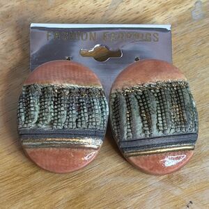 Vintage brown ceramic oval clip on art decorative bohemian earrings